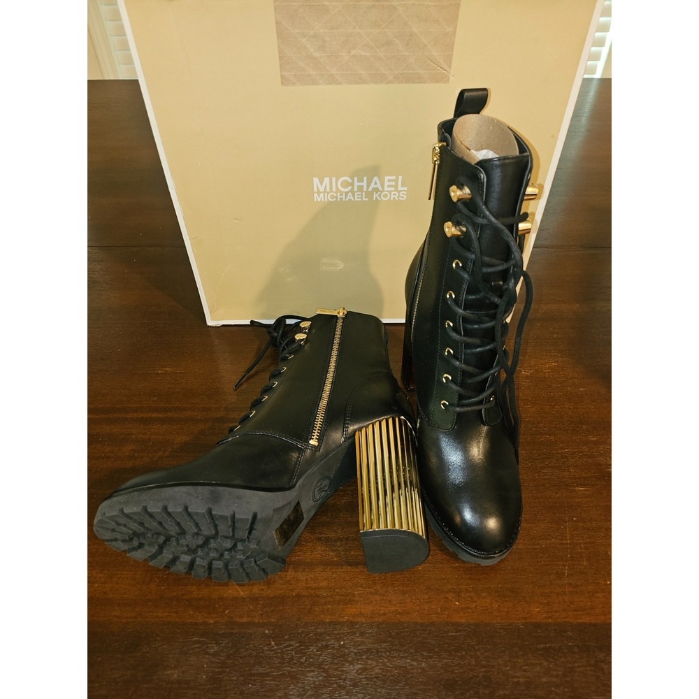 NEW MICHAEL KORS BLACK PORTER LEATHER LACE UP ZIP GOLD HEEL BOOTS SZ 8.5 - Picture 6 of 10